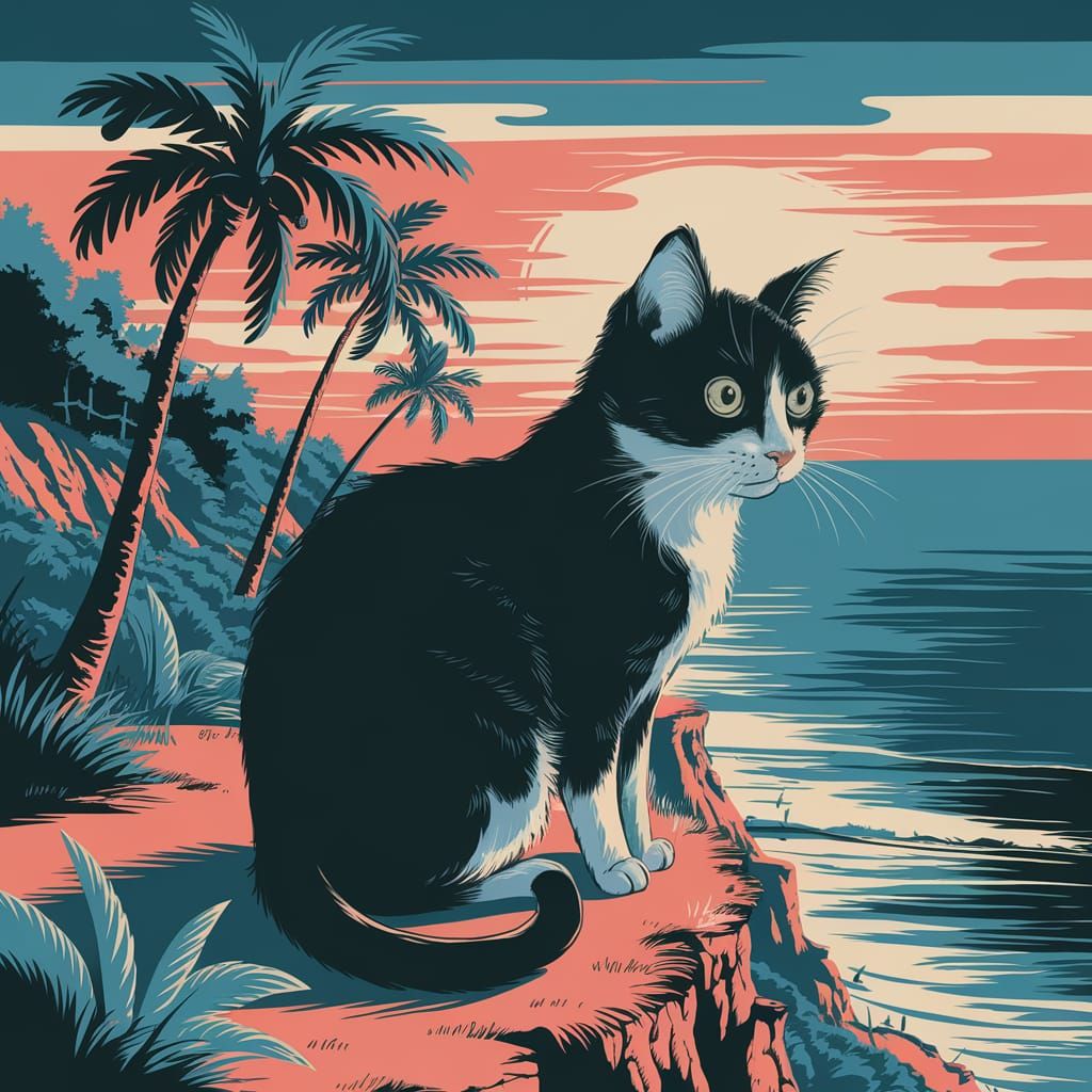 Tuxedo Cat Contemplates Sunset in Ukiyo-e Style