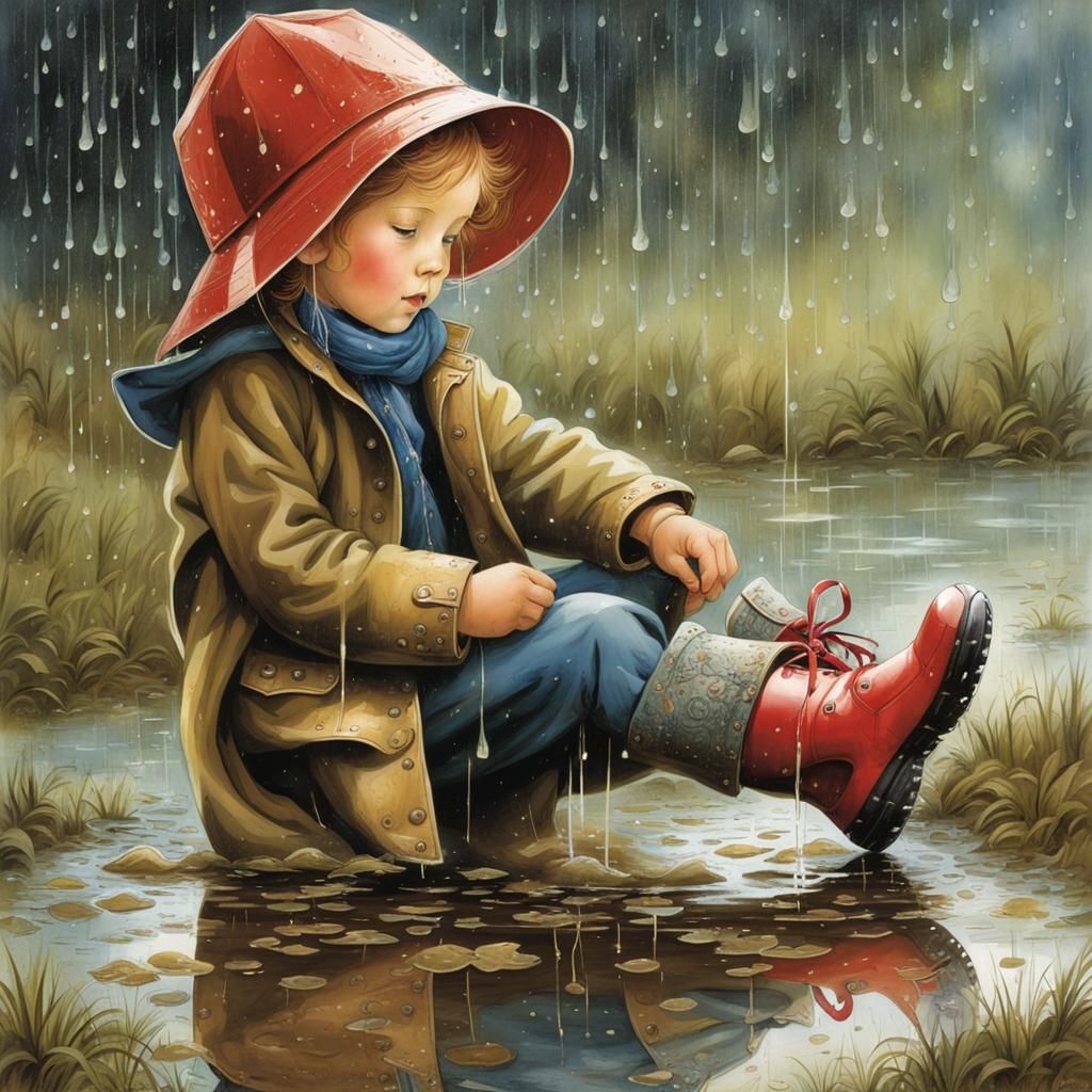 Child in Rain Boots Playing in Puddle