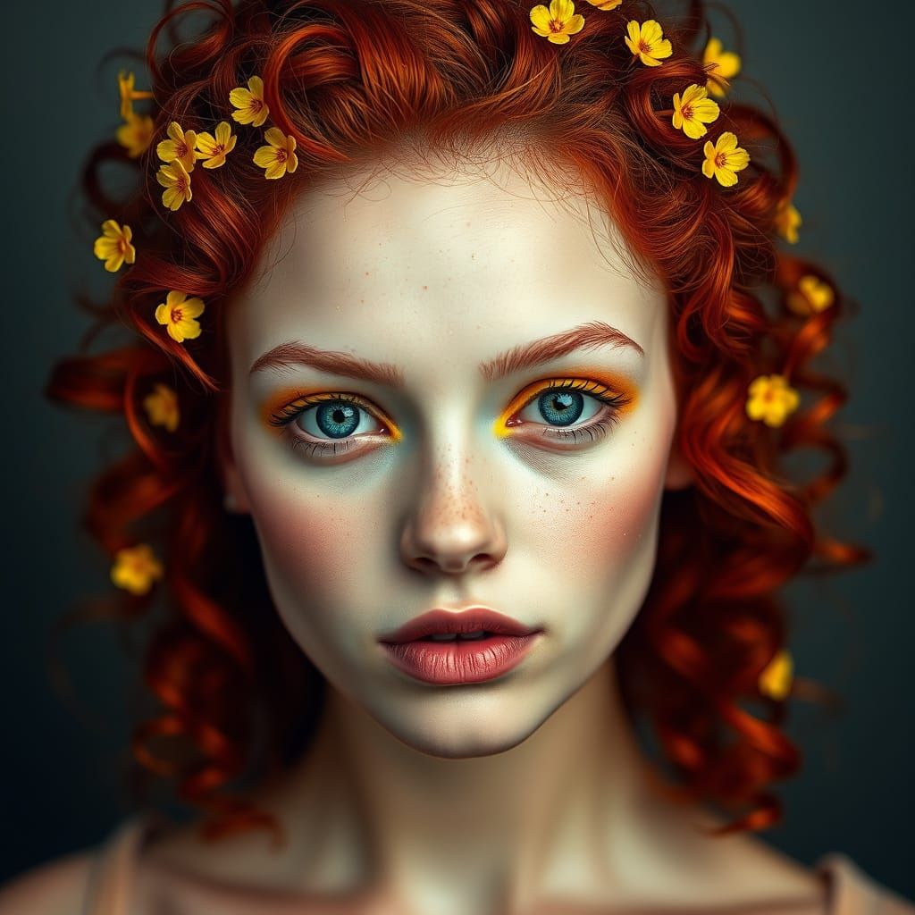 Hyperrealistic Portrait of a Woman with Red Hair and Flowers