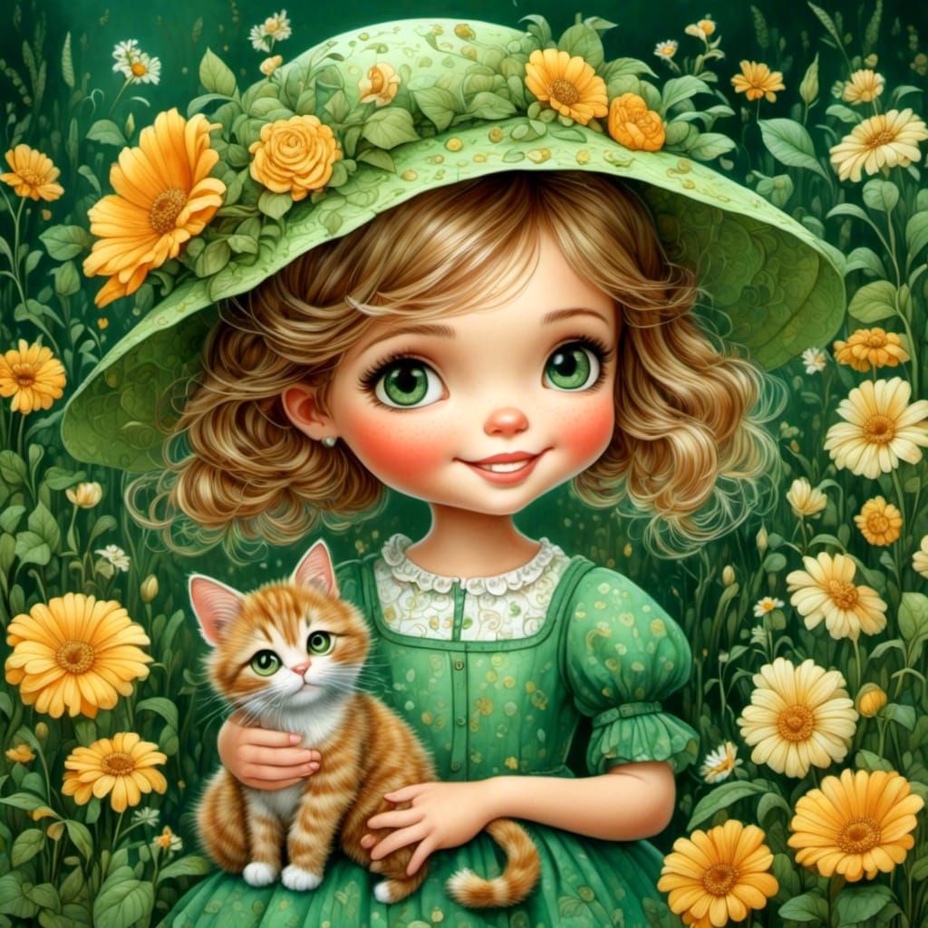 Whimsical Girl with Cat in Folk Art Style