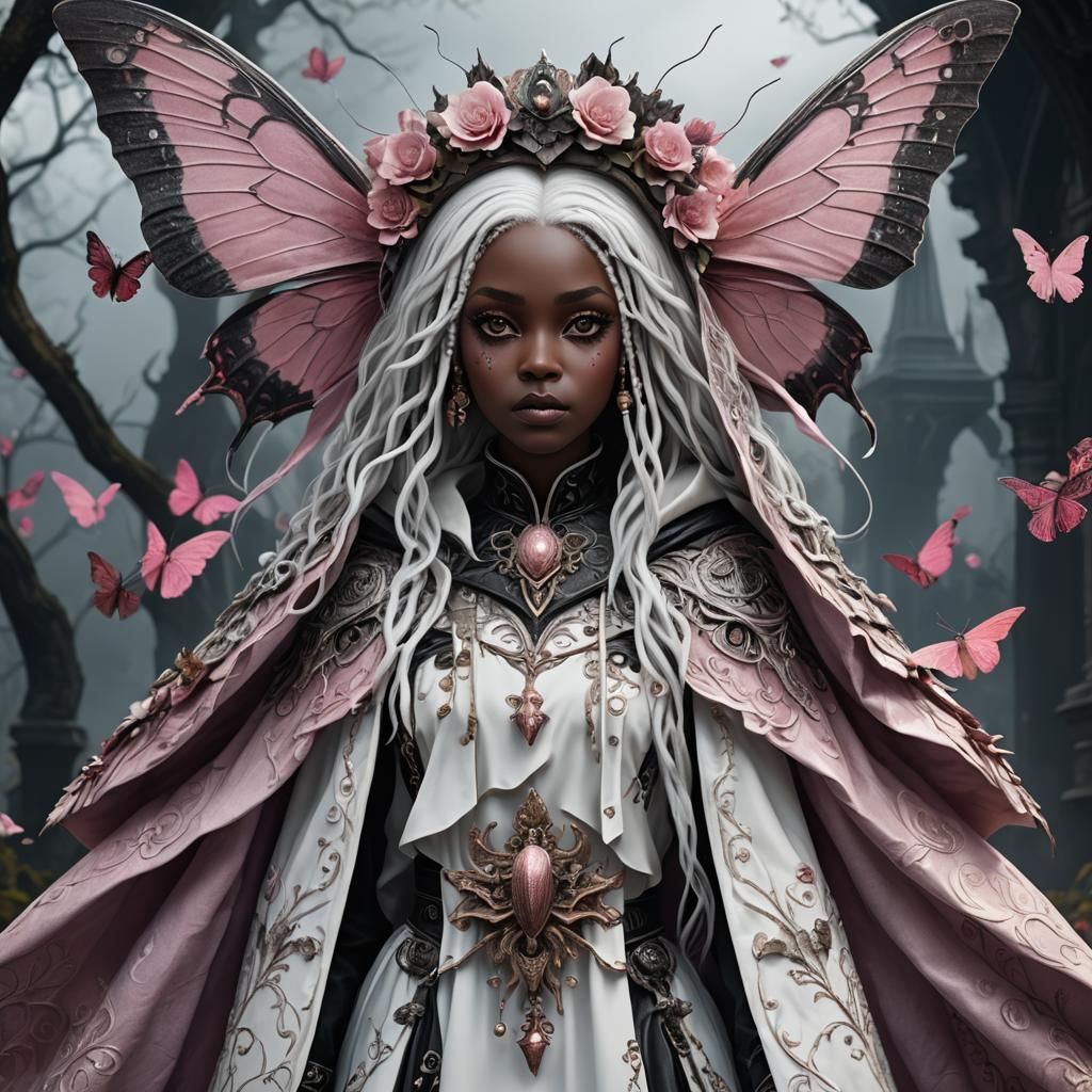 Gothic Porcelain Doll with Moth Cloak: Detailed Art