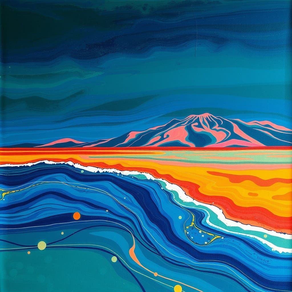 Vibrant Abstract Art Depicting Majestic Mountains and Ocean