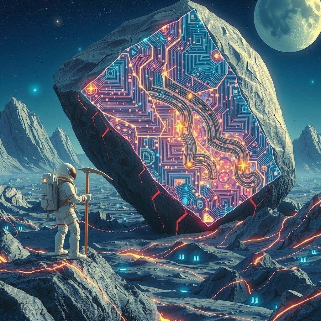 Astronaut and Synthwave Moon Rock Discovery