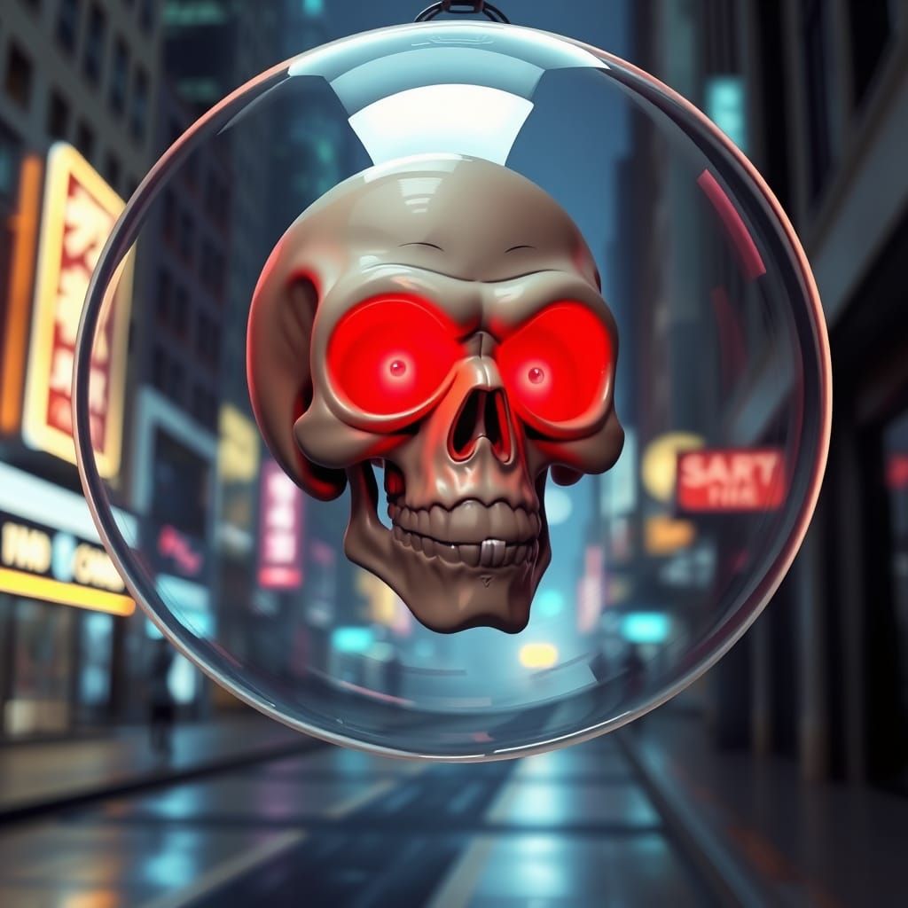 Glowing Skull Balloon in Futuristic Cityscape