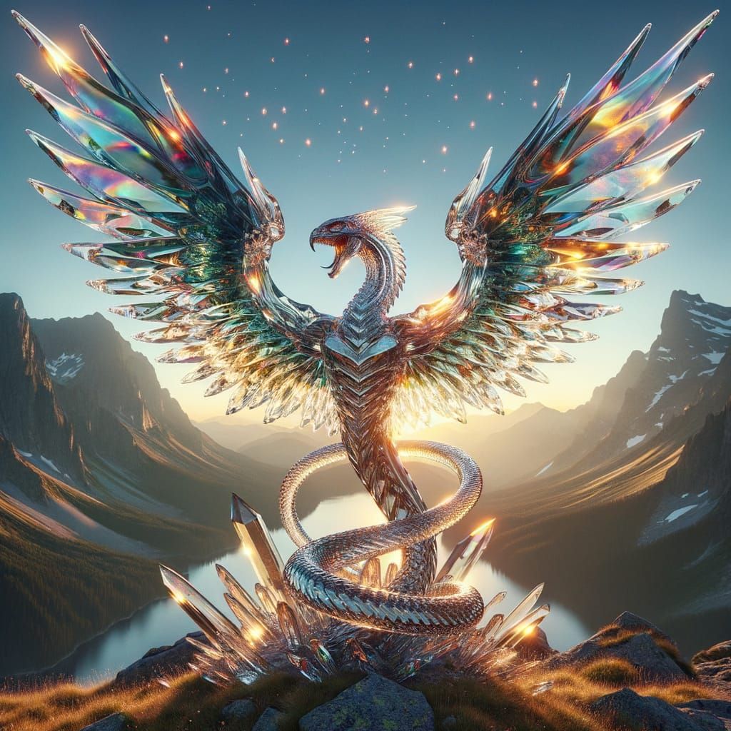 Crystal Hybrid Statue on Mountain Peak