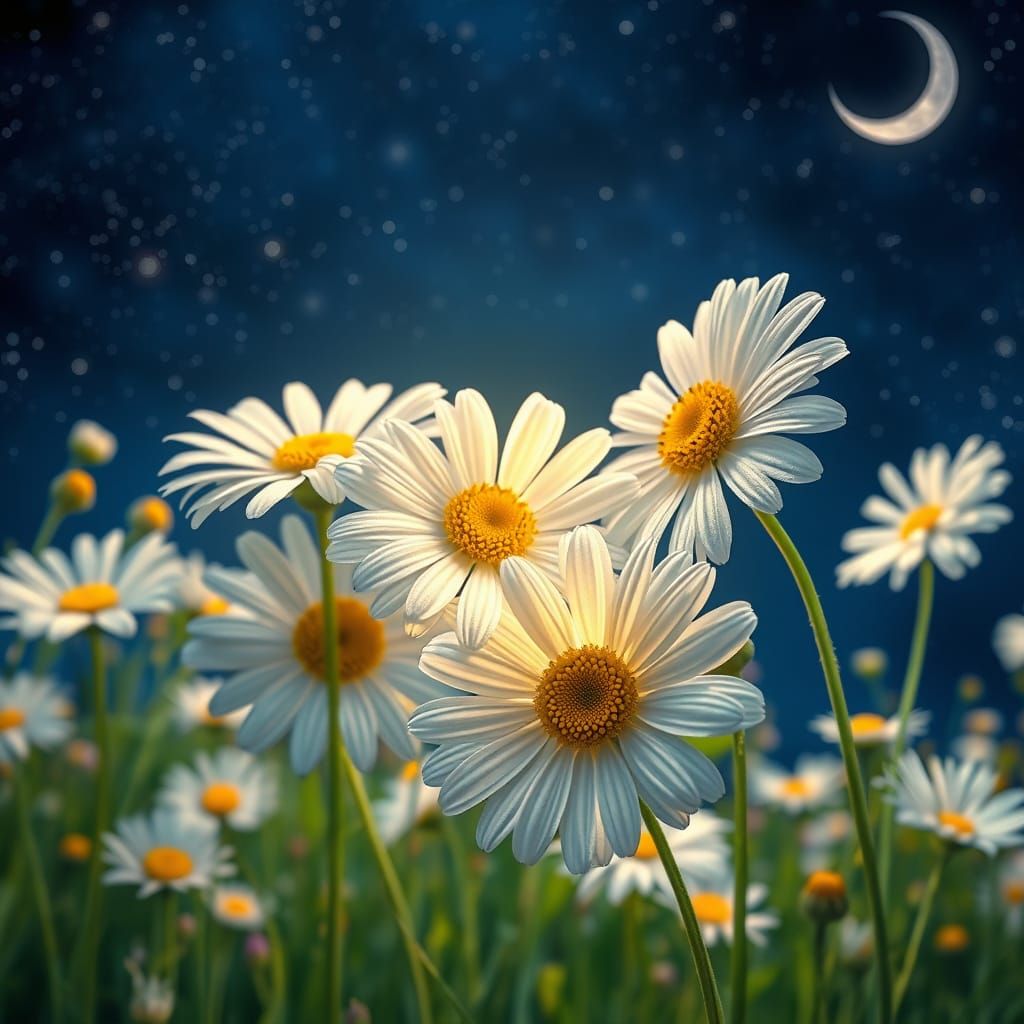 Dainty White Daisies Under Starry Night Sky