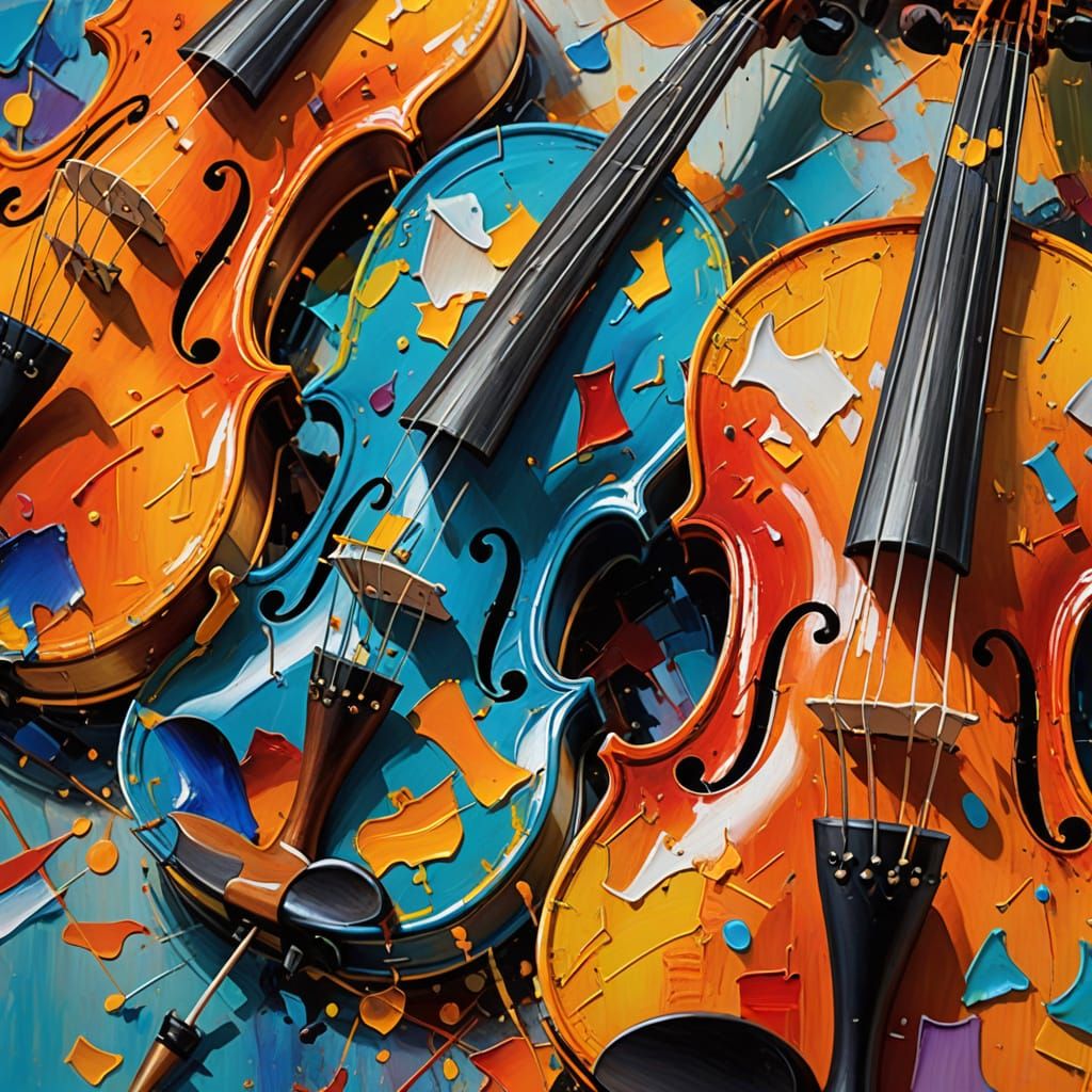 Abstract Expressionist Violins in Vibrant Oil Painting