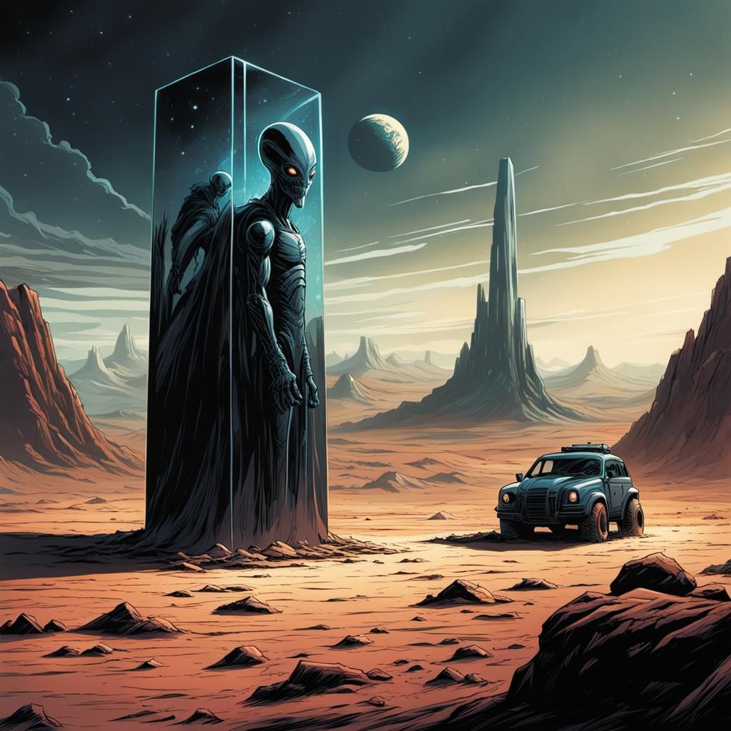Alien and Glass Monolith in Comic Book Style