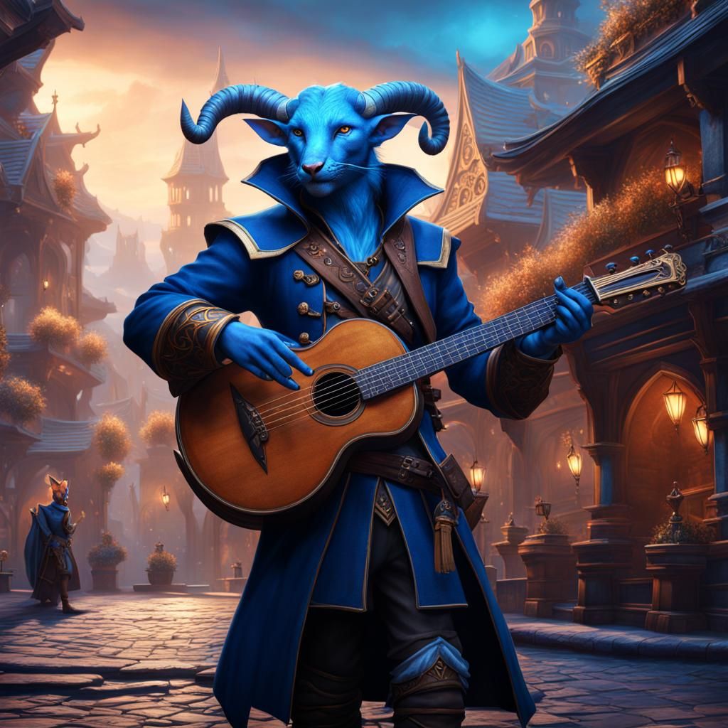 Blue Tiefling Bard in Fantasy City