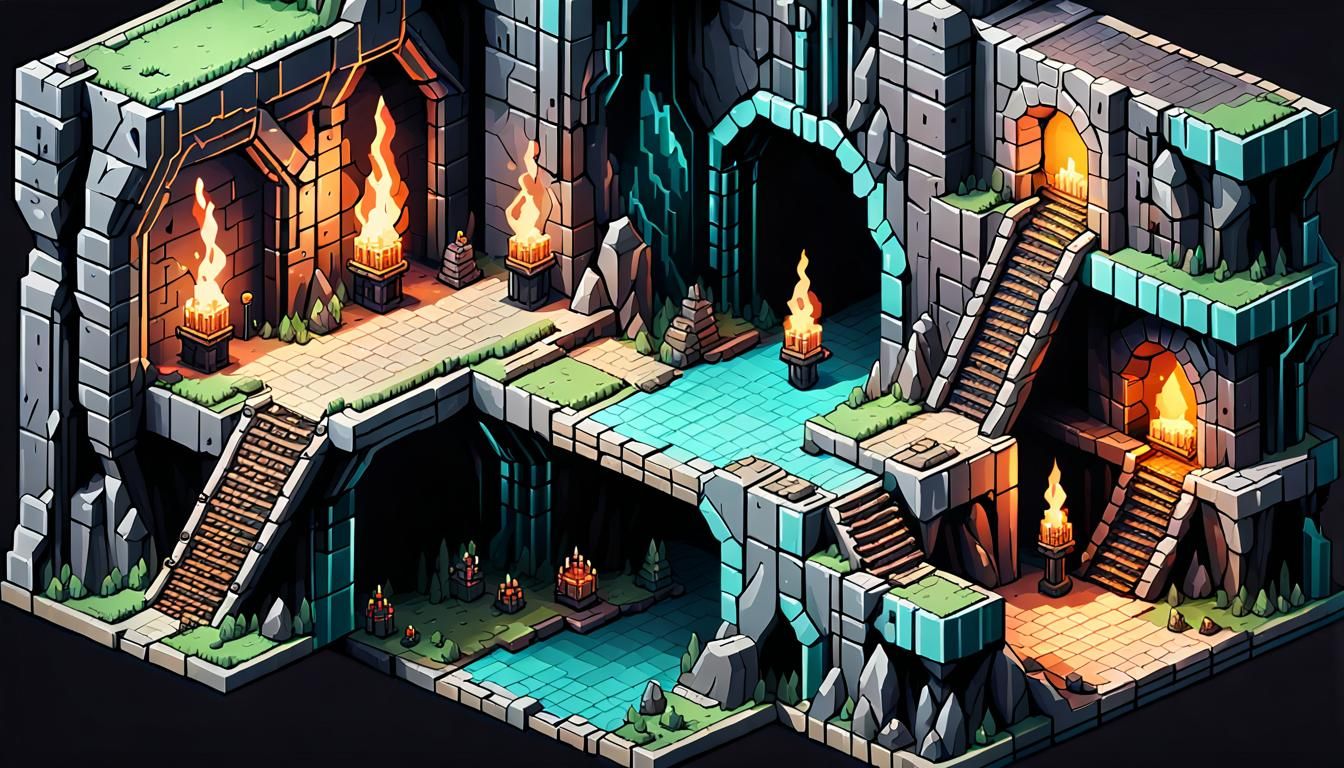 Isometric Pixel Art of a Cryptic Tunnel