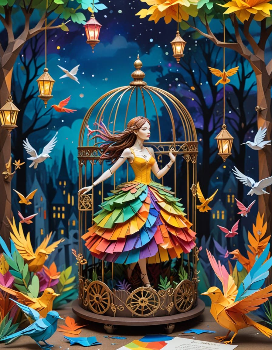 Steampunk Birdcage with Woman in Rainbow Dress, Papercraft S...