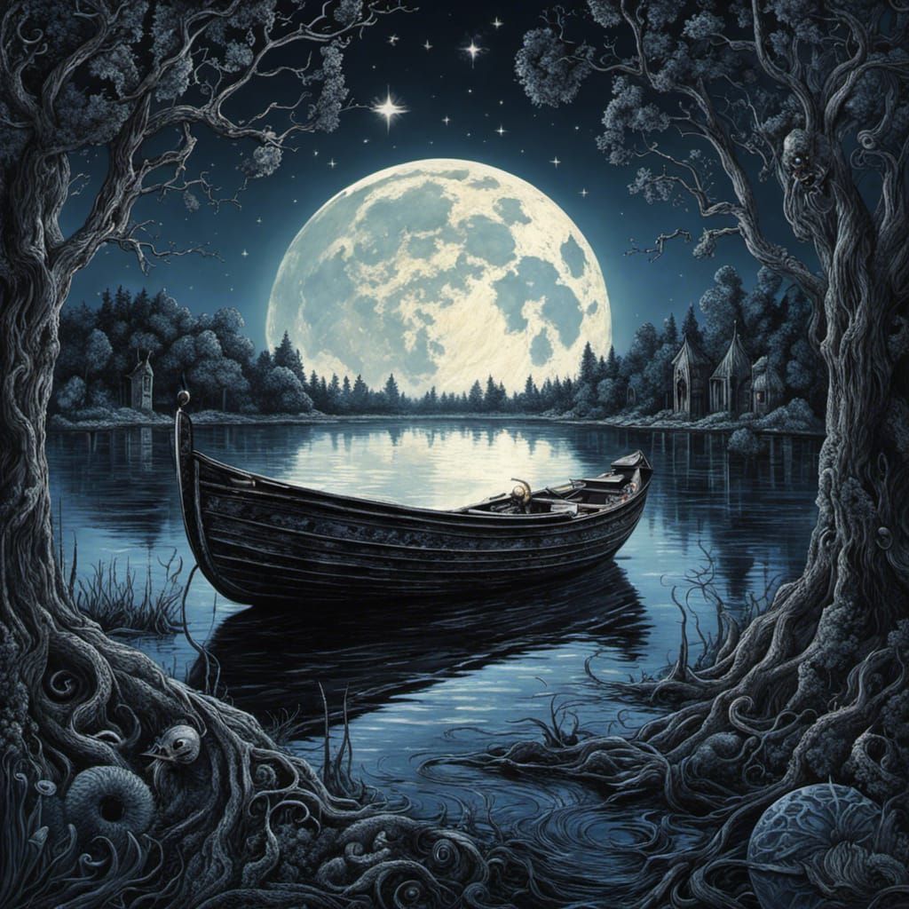Lovecraftian Gothic Lake Under Midnight Blue Moon