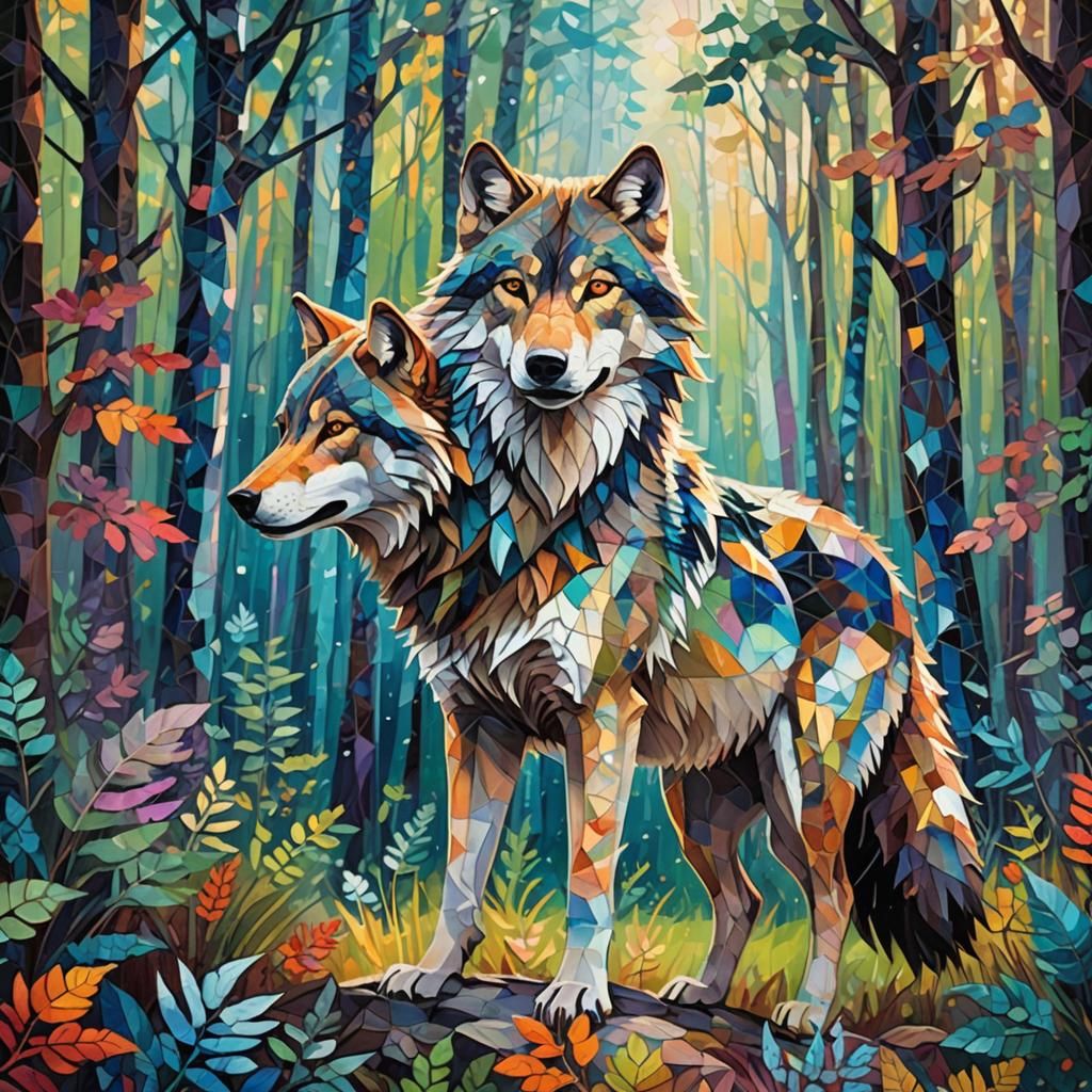Wolf with Shimmering Fur in a Dreamlike Forest