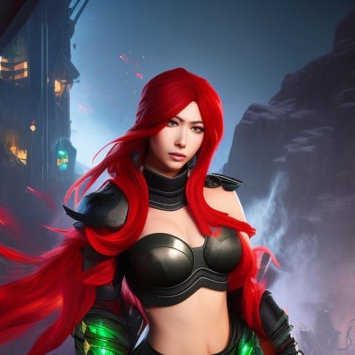 Hyperrealistic Ninja with Red Hair and Green Eyes