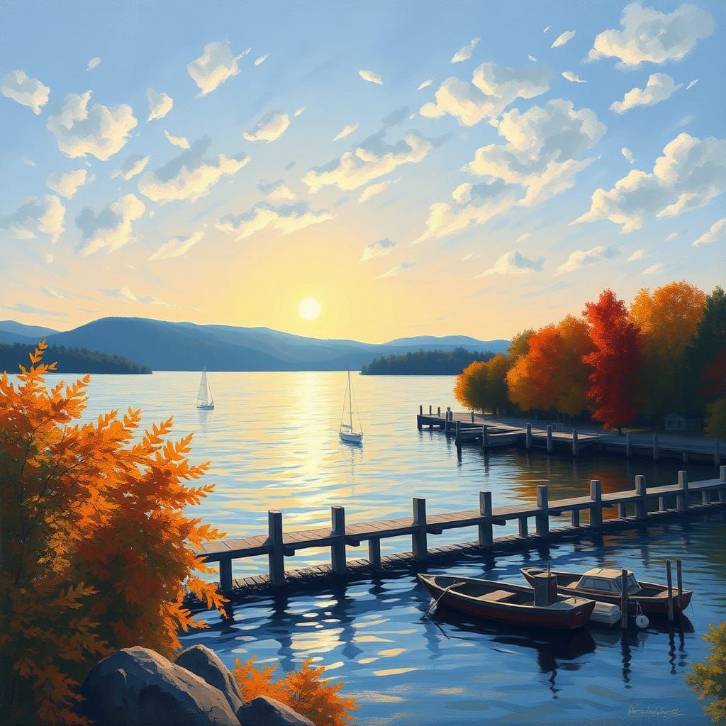 Burlington Waterfront in Autumn, Impressionist Painting