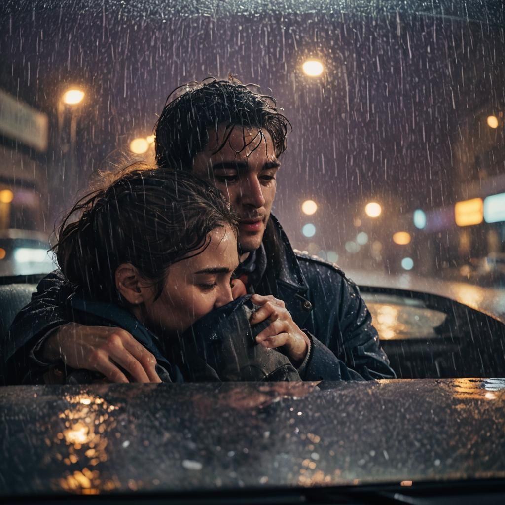 Romantic Embrace in Rainy Car: Cinematic Film Still