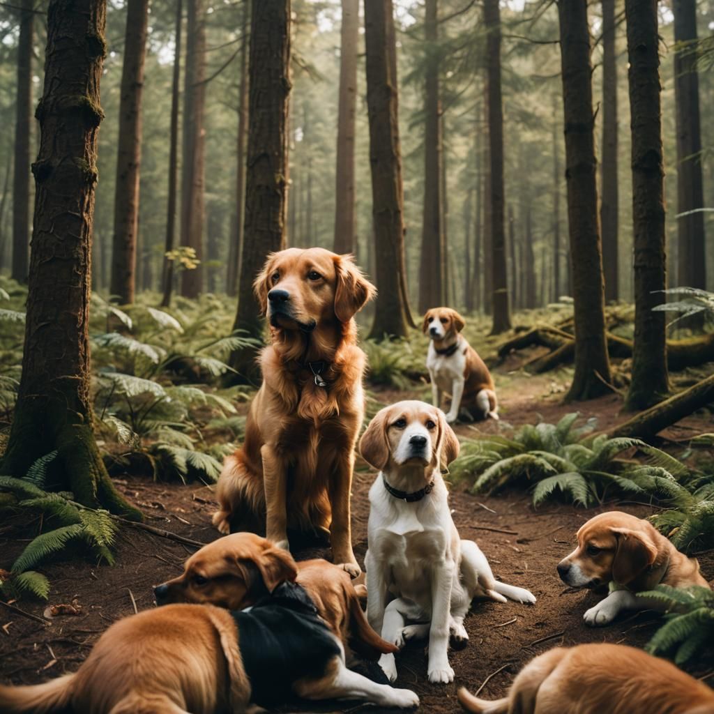 Golden Retriever and Beagle in Forest with Puppies