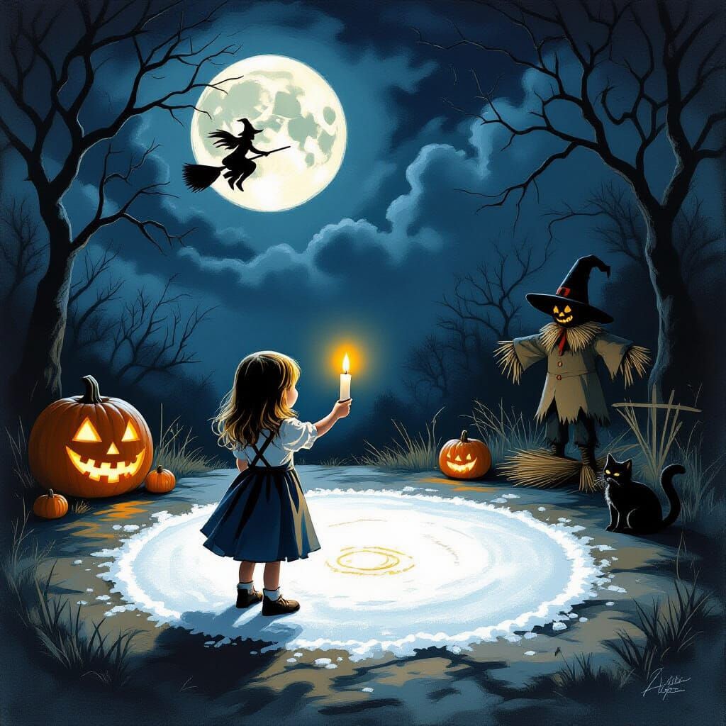 Girl Protected by Salt Circle from Flying Witches