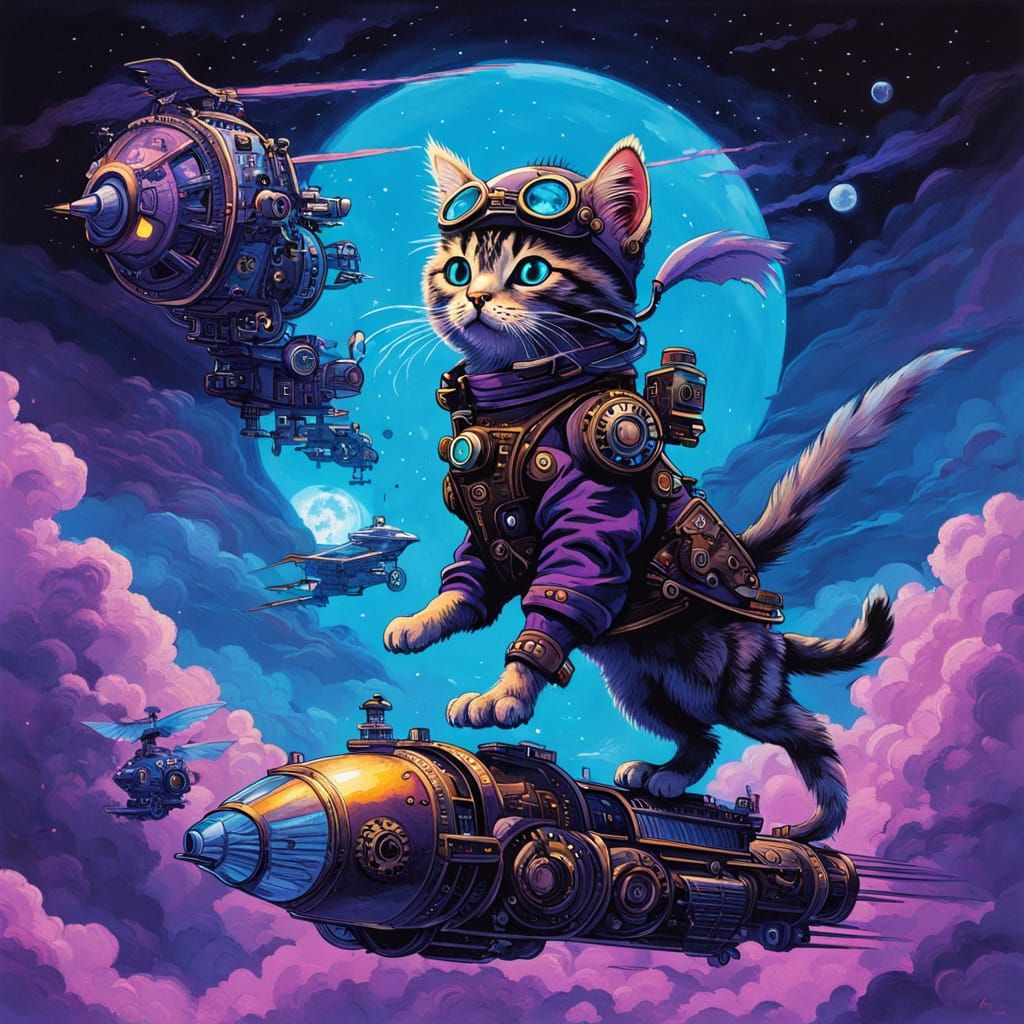 Bioluminescent Kitten on Steampunk Bird Soaring Through Nebu...