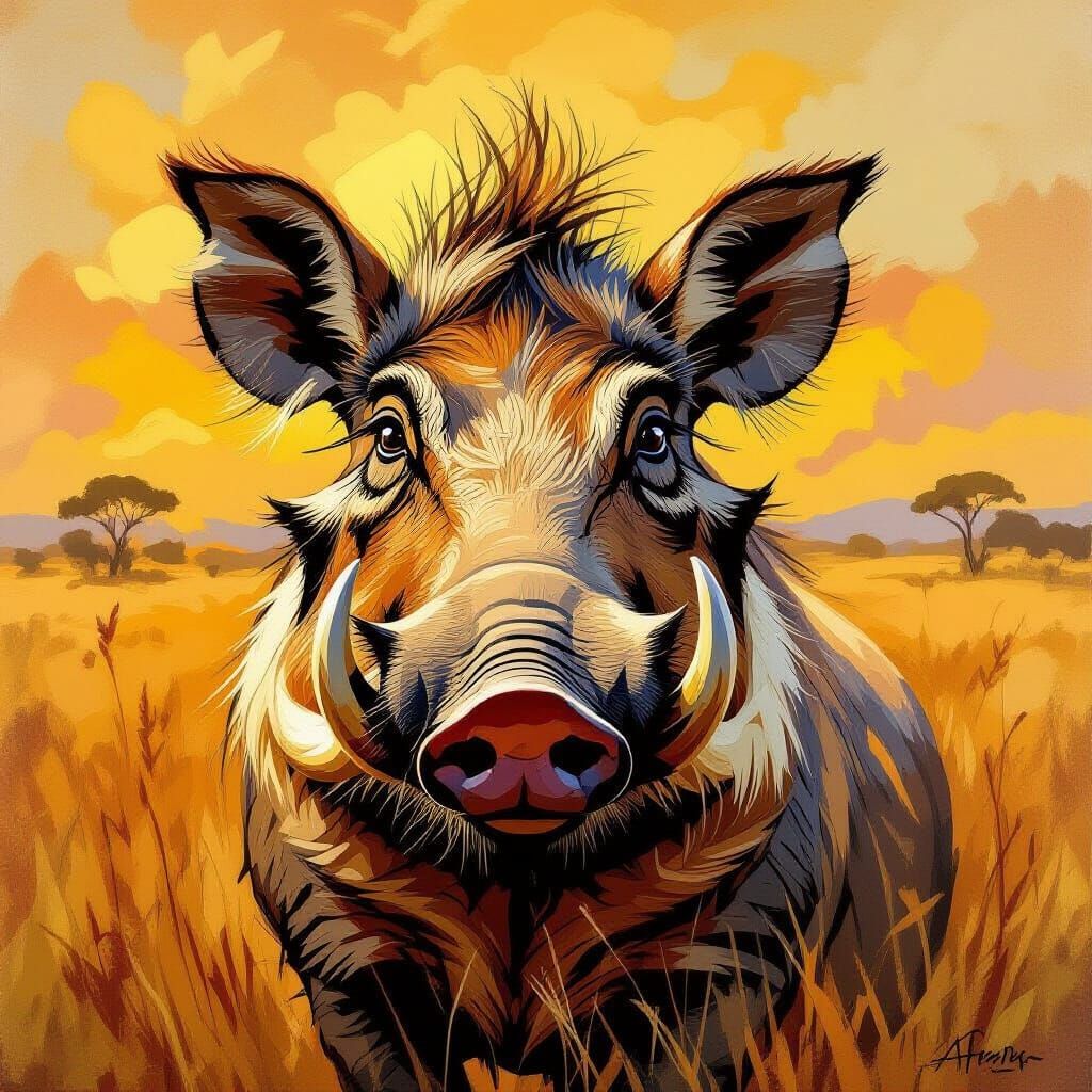 Warthog Portrait in an Impasto Painting Style