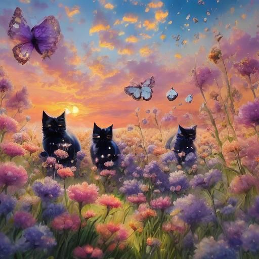 Whimsical Cats in Sunny Meadow