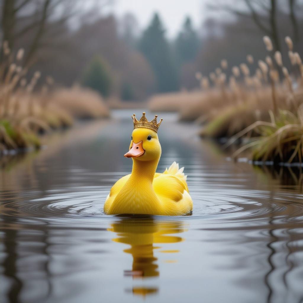 Majestic Golden Crown Duck in Frozen Lake