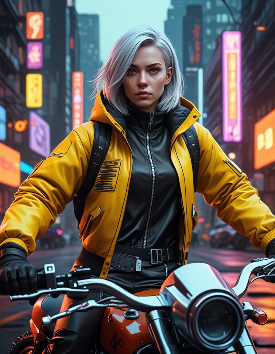 Cyberpunk Goddess on Neon Motorcycle