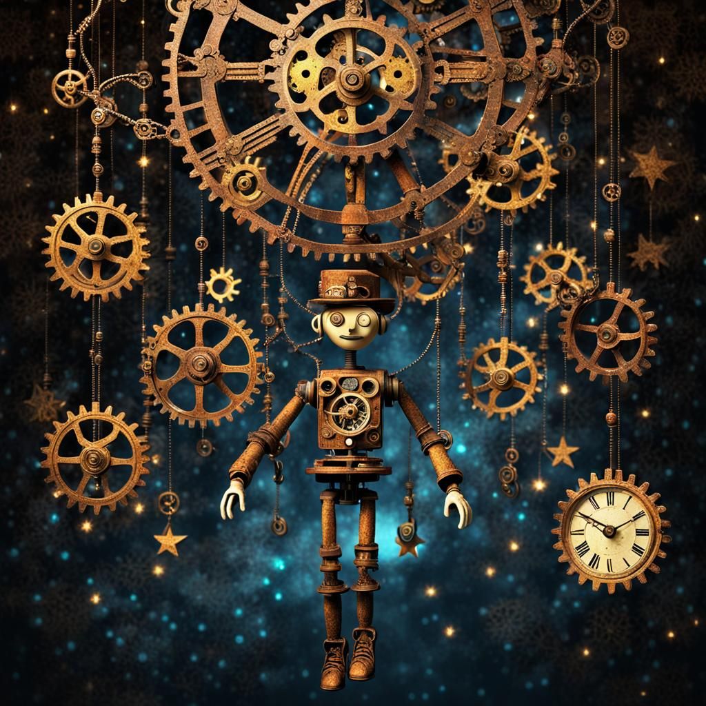Surreal Steampunk Marionette in a Mystical Sky