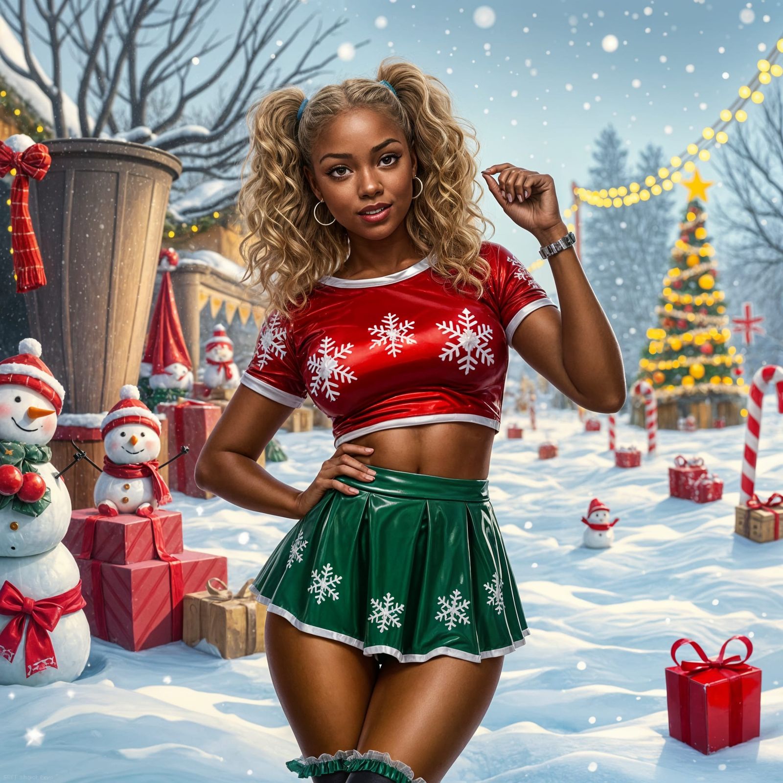 Young Woman in Red Latex Christmas Outfit Posing in Snowy Fi...