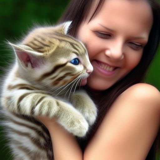 Realistic Kitten Hugging Woman: A Tender Moment