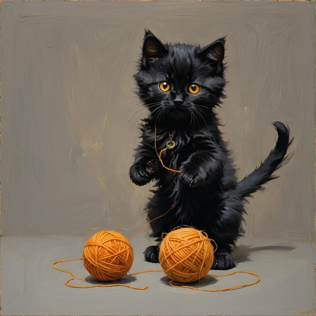 Black Kitten Playing with Wool, Furry Digital Art