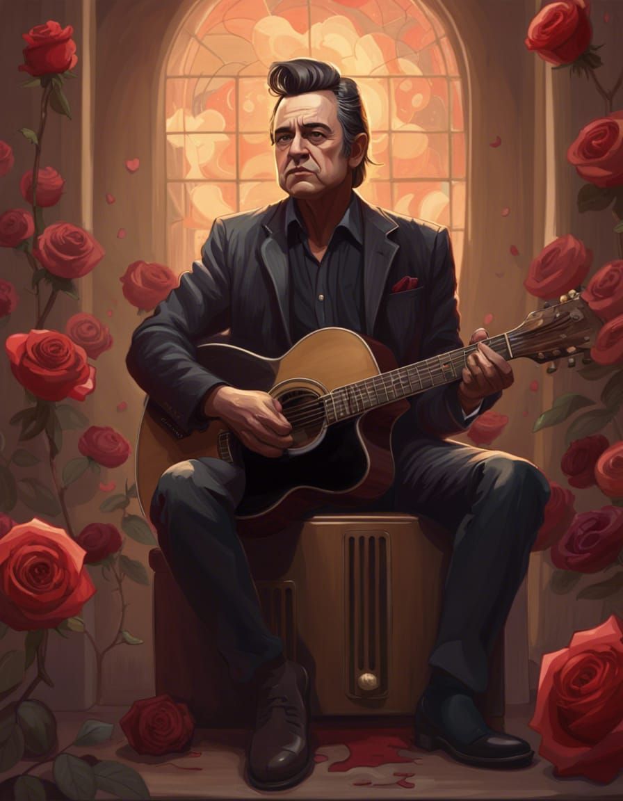 Johnny Cash Portrait in Prison Interior, Oil Painting