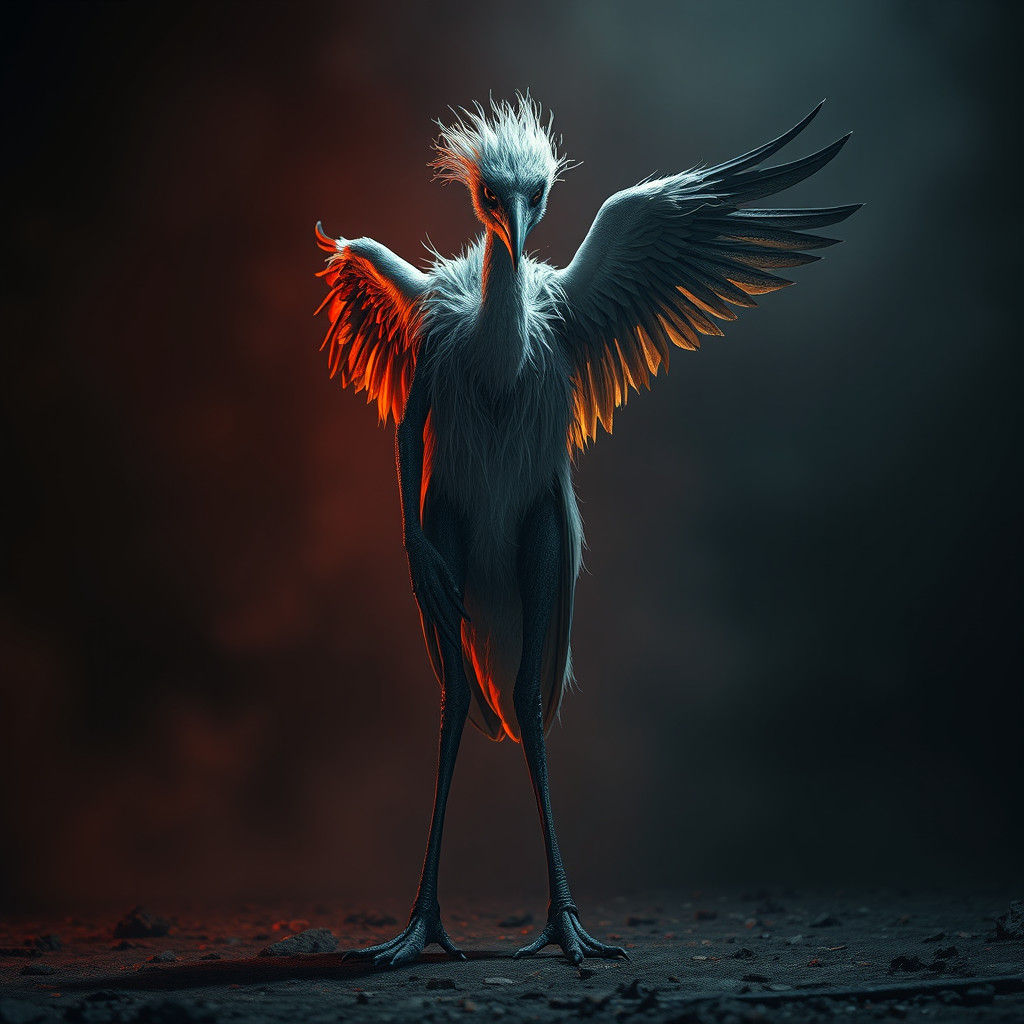 Humanoid Figure with Heron Legs in Dramatic Lighting