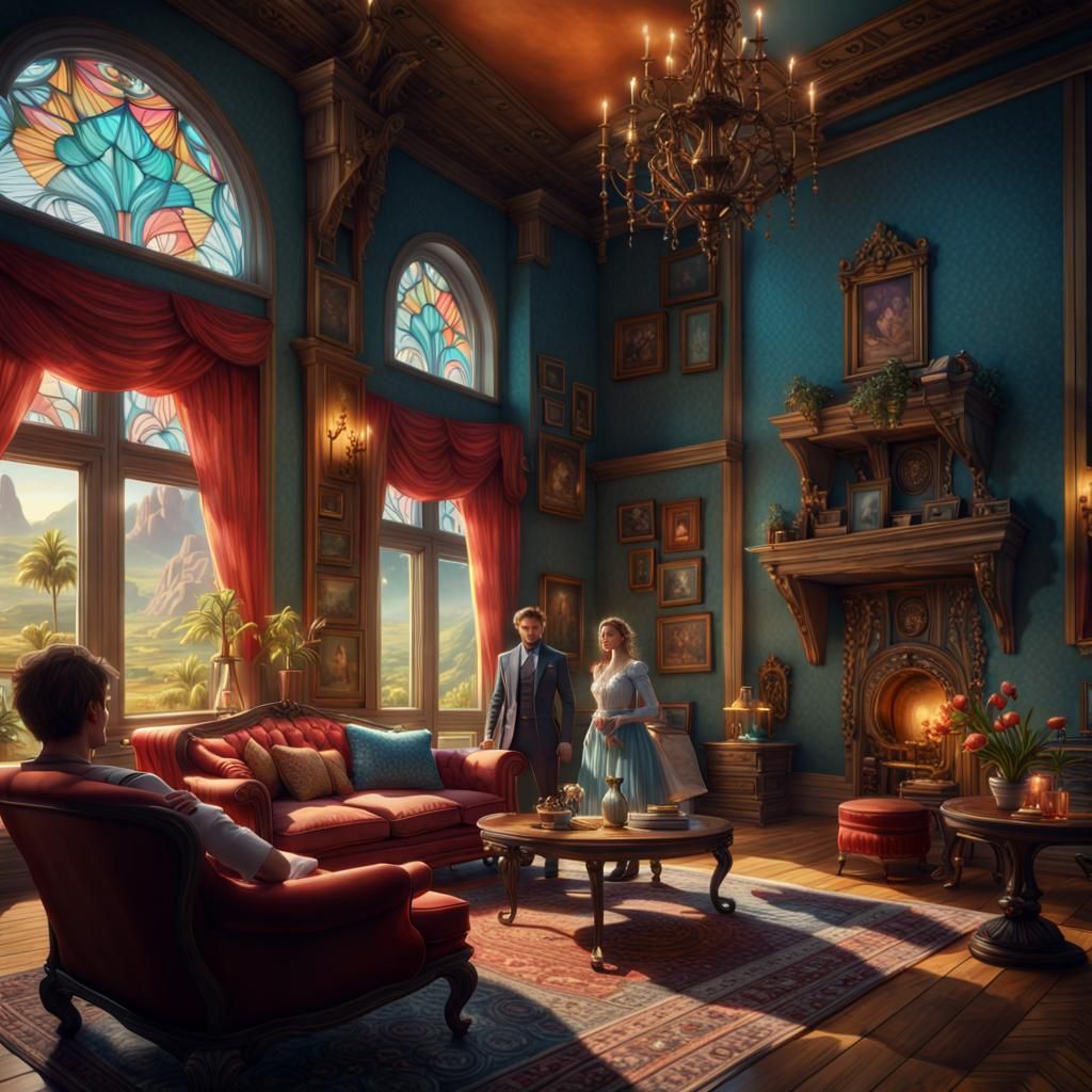 Magical Living Room with Couple: Detailed Fantasy Art