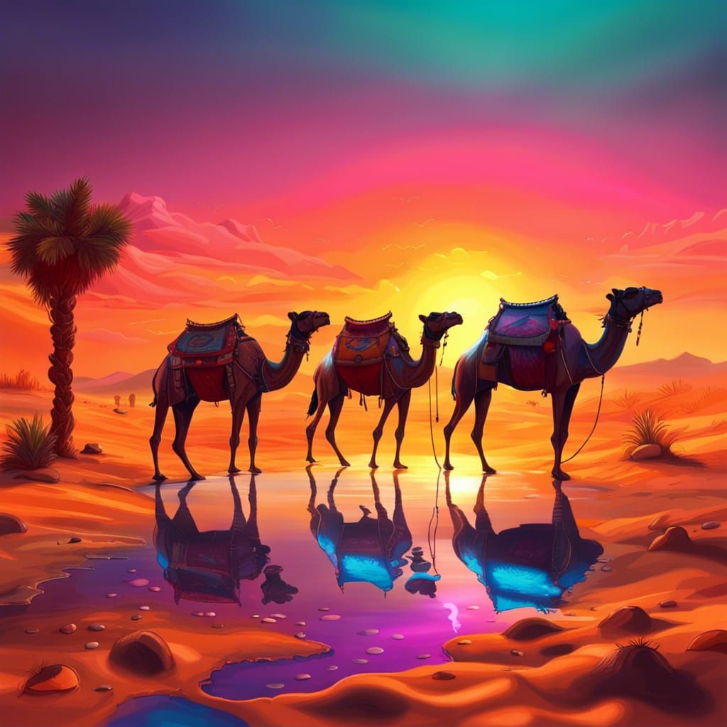 Sahara Desert Oasis with Camels at Sunset