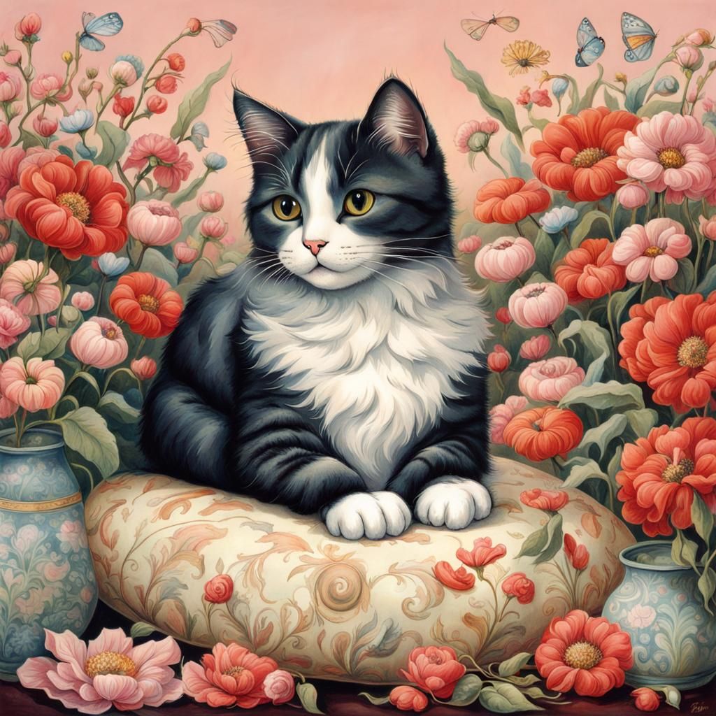 Cute Cat Surrounded by Flowers in Victorian Style