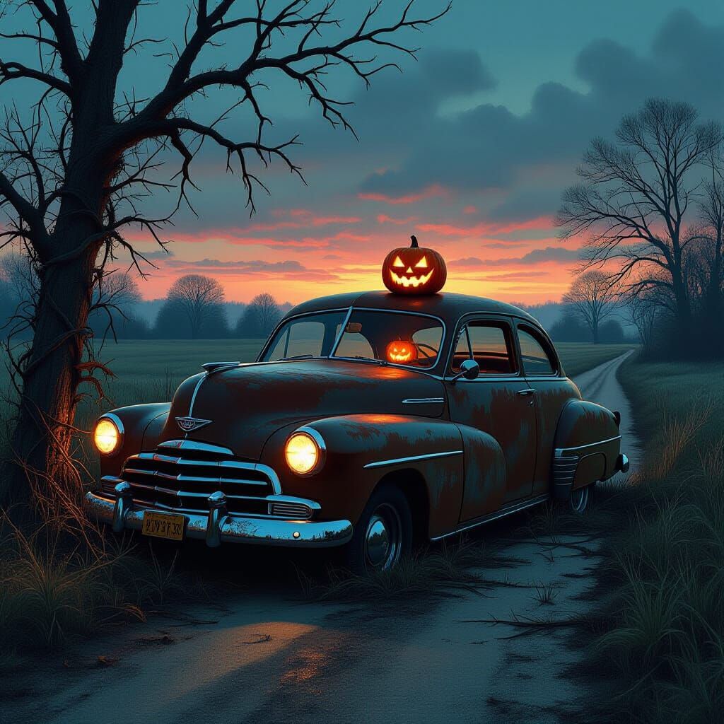 Eerie Twilight Scene: Abandoned Car with Jack-o'-lantern