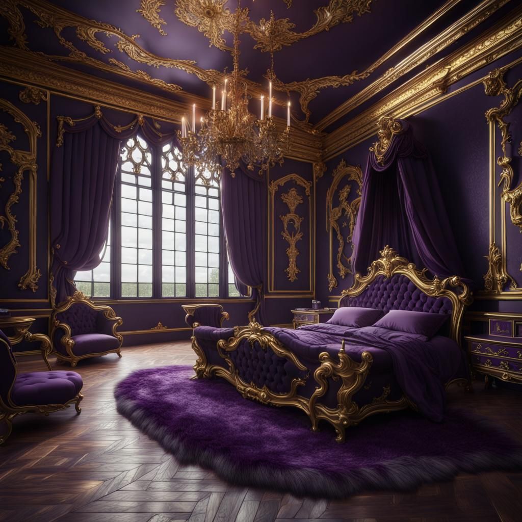 Dark Rococo Gothic Bedroom in Royal Purple and Gold