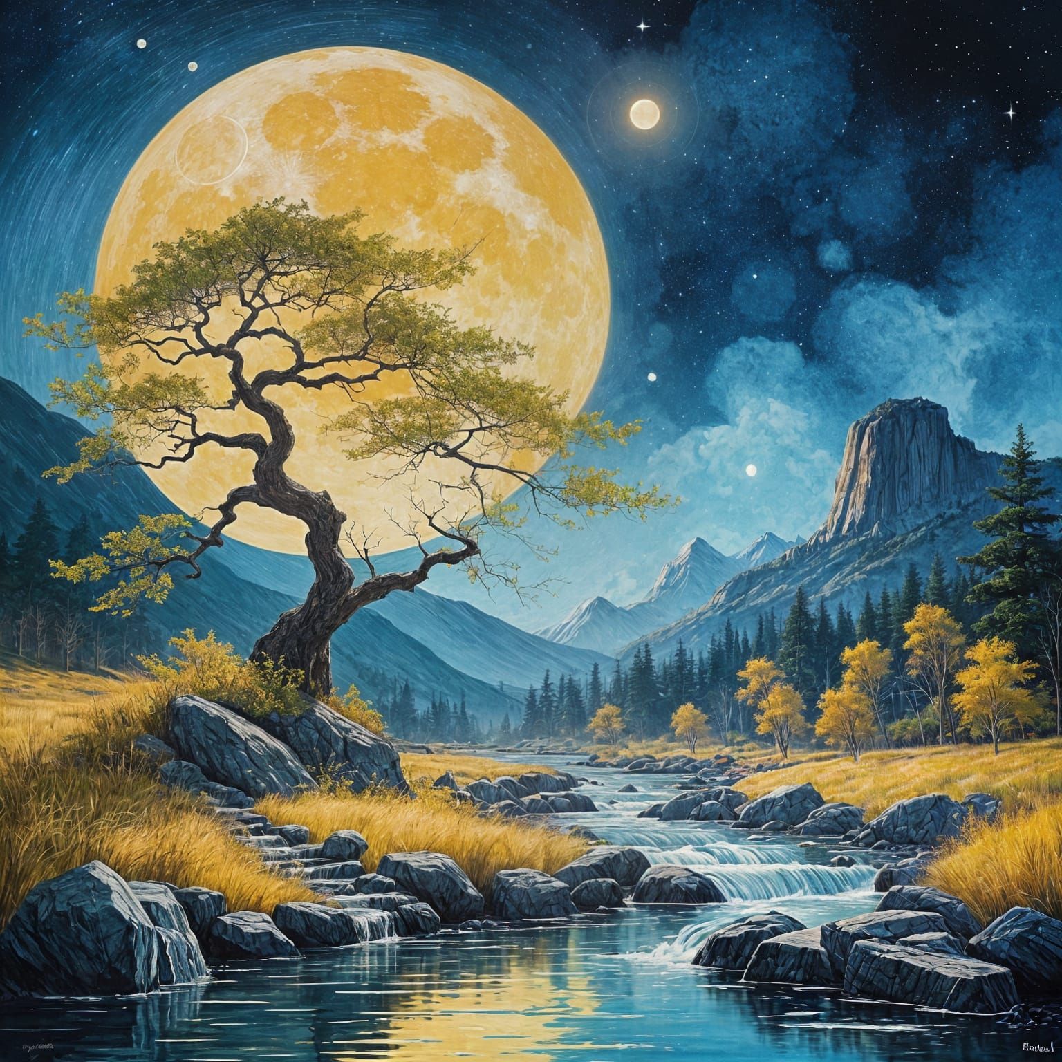 Vibrant Sunset Landscape with Glowing Tree and Shining Moon