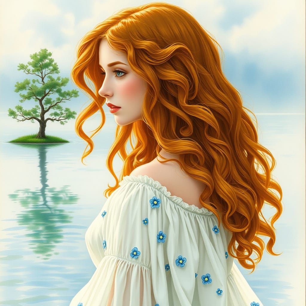 Woman in White Dress by Lake, Art Nouveau Style