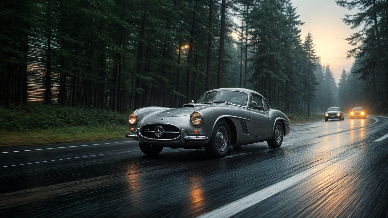 1953 Silver Sports Car in Rainy Forest Night