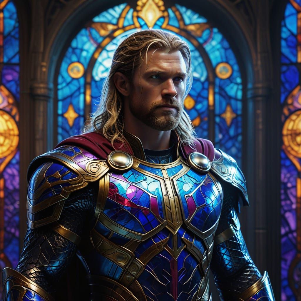 Thor in Stained Glass Armor, a Vibrant Masterpiece