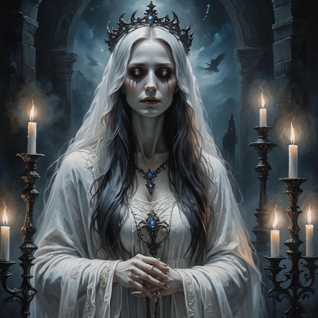 Ethereal Ghost Woman Praying in Dark Fantasy Art