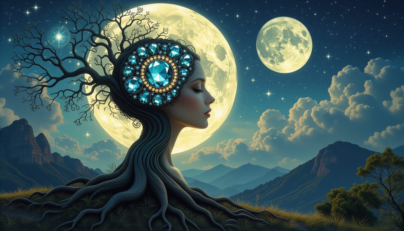 Surreal Woman Merges With Tree Under Full Moon