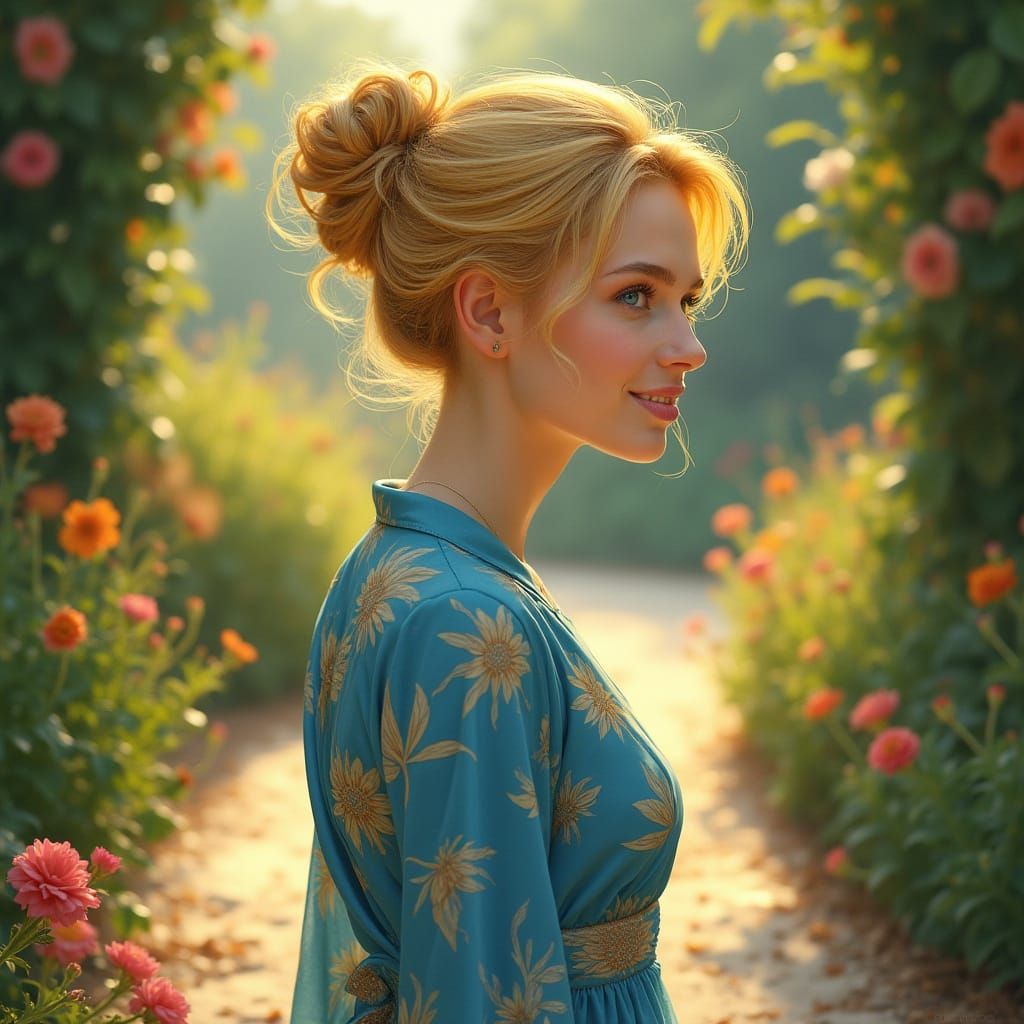 Woman in Garden, Art Nouveau Style