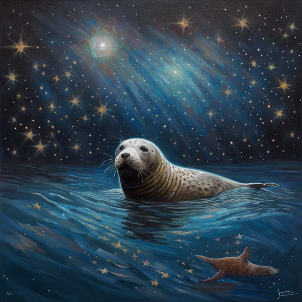 Seal Swimming in Starry Sea: Oil Painting