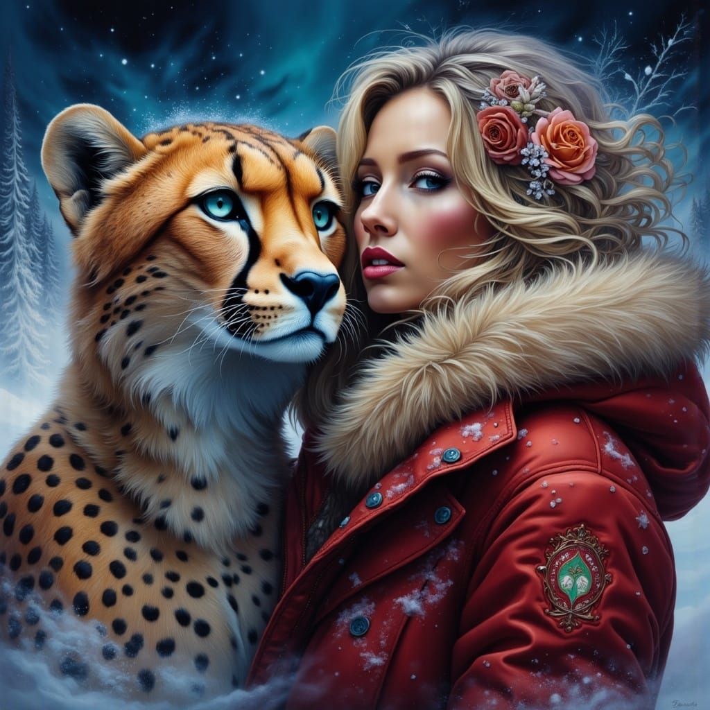 Majestic Blond Woman and Her Cheetah Friend in Dramatic Hype...