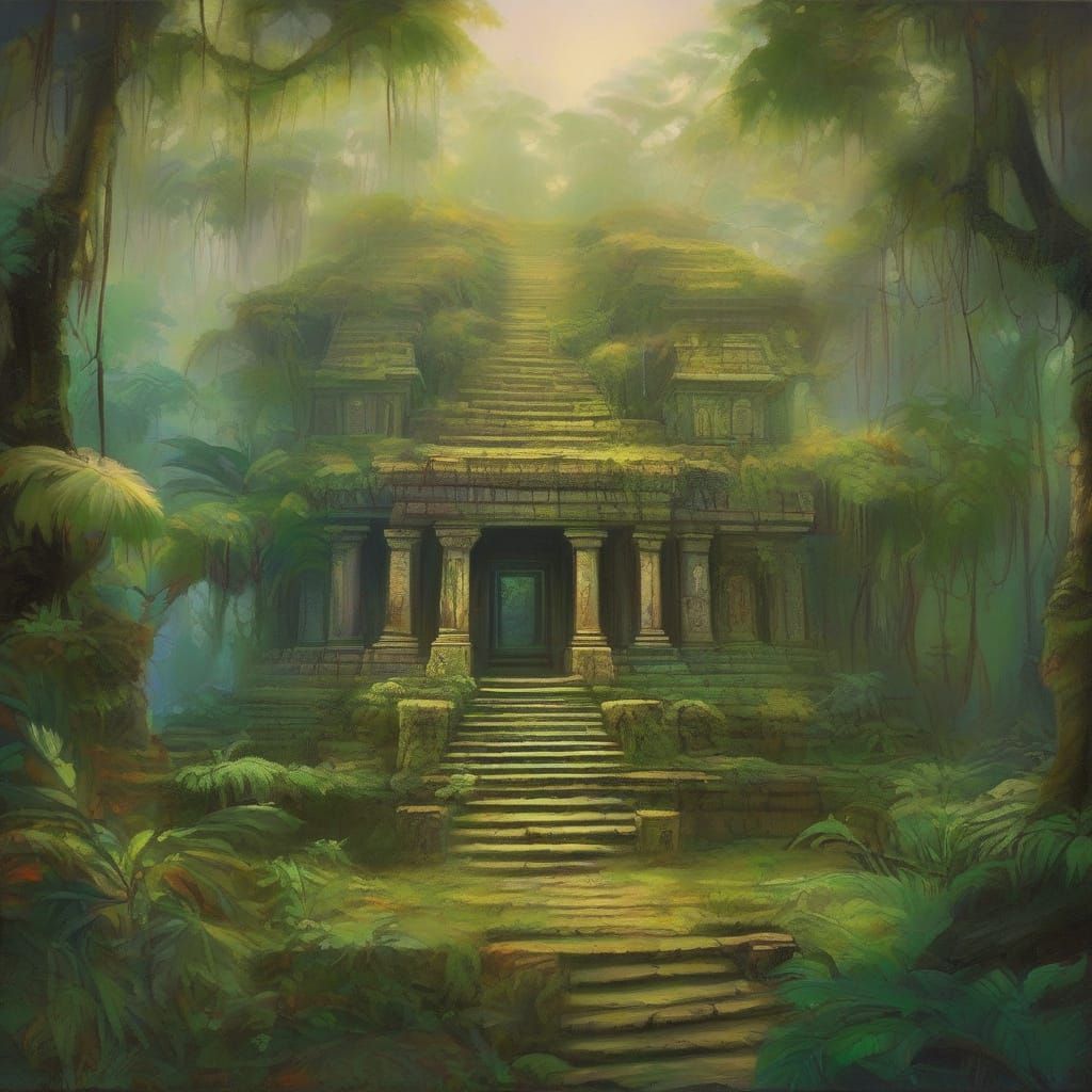 Ethereal Aztec Temple Amidst Jungle Ruins