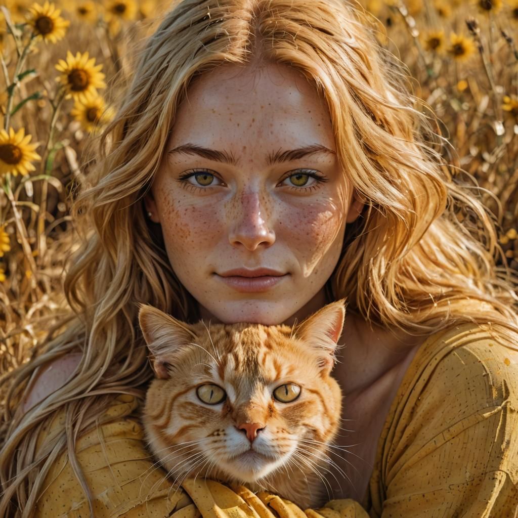 Girl with Kitten Portrait in Dreamy Yellow Prairie