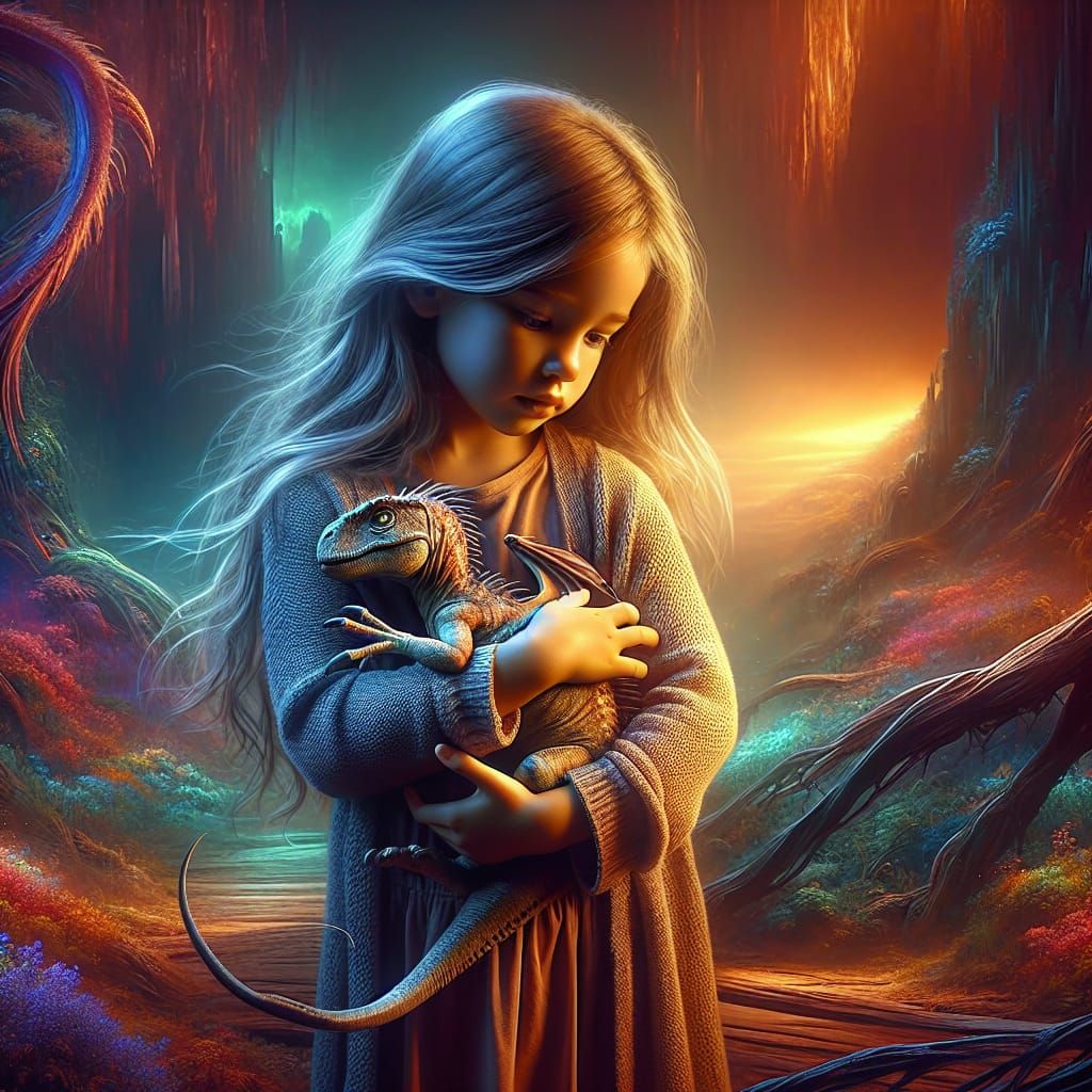 Girl Embraces Baby Dinosaur: Fantasy Concept Art